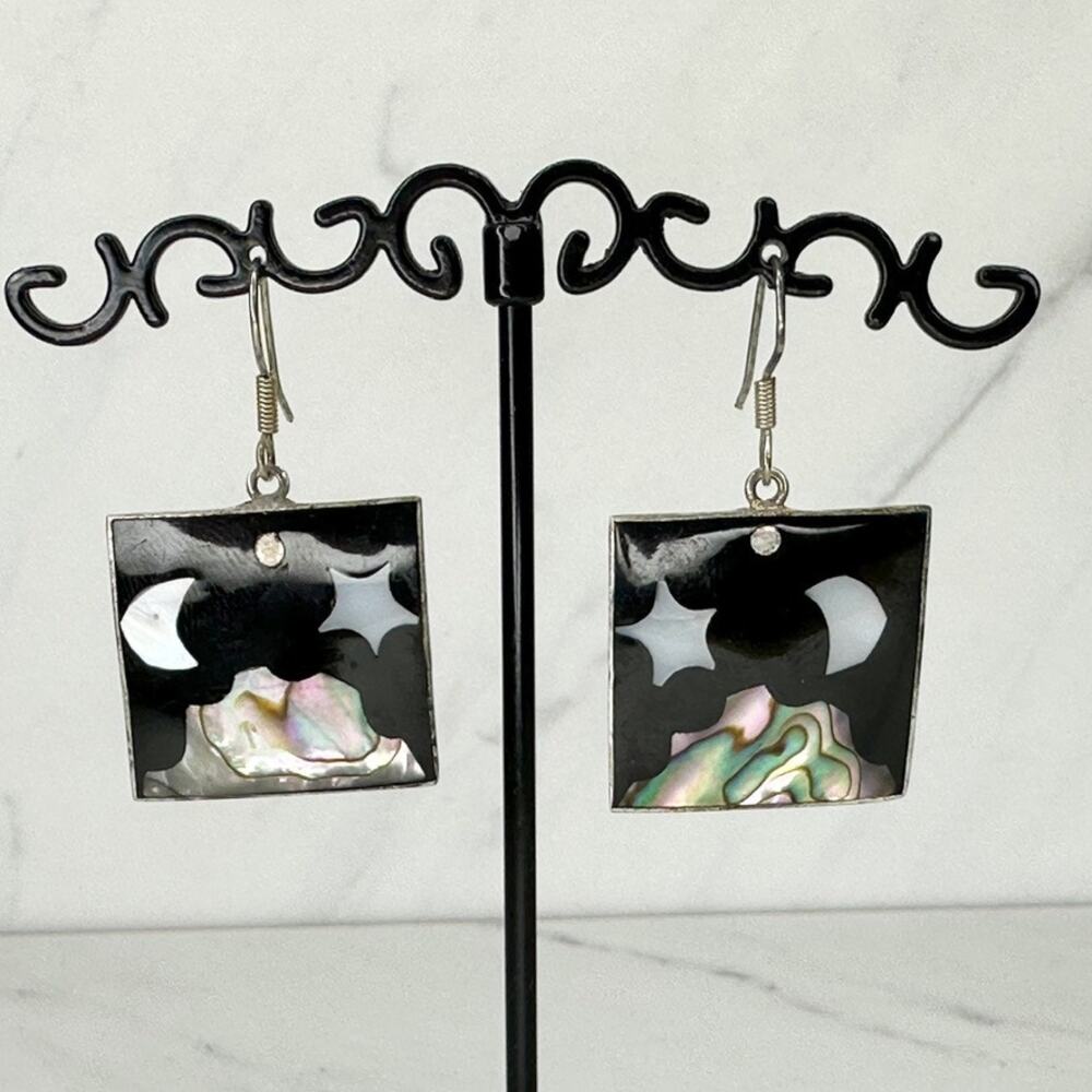 Vintage Black Mother-of-Pearl Moon & Star Square Dangle Earrings
